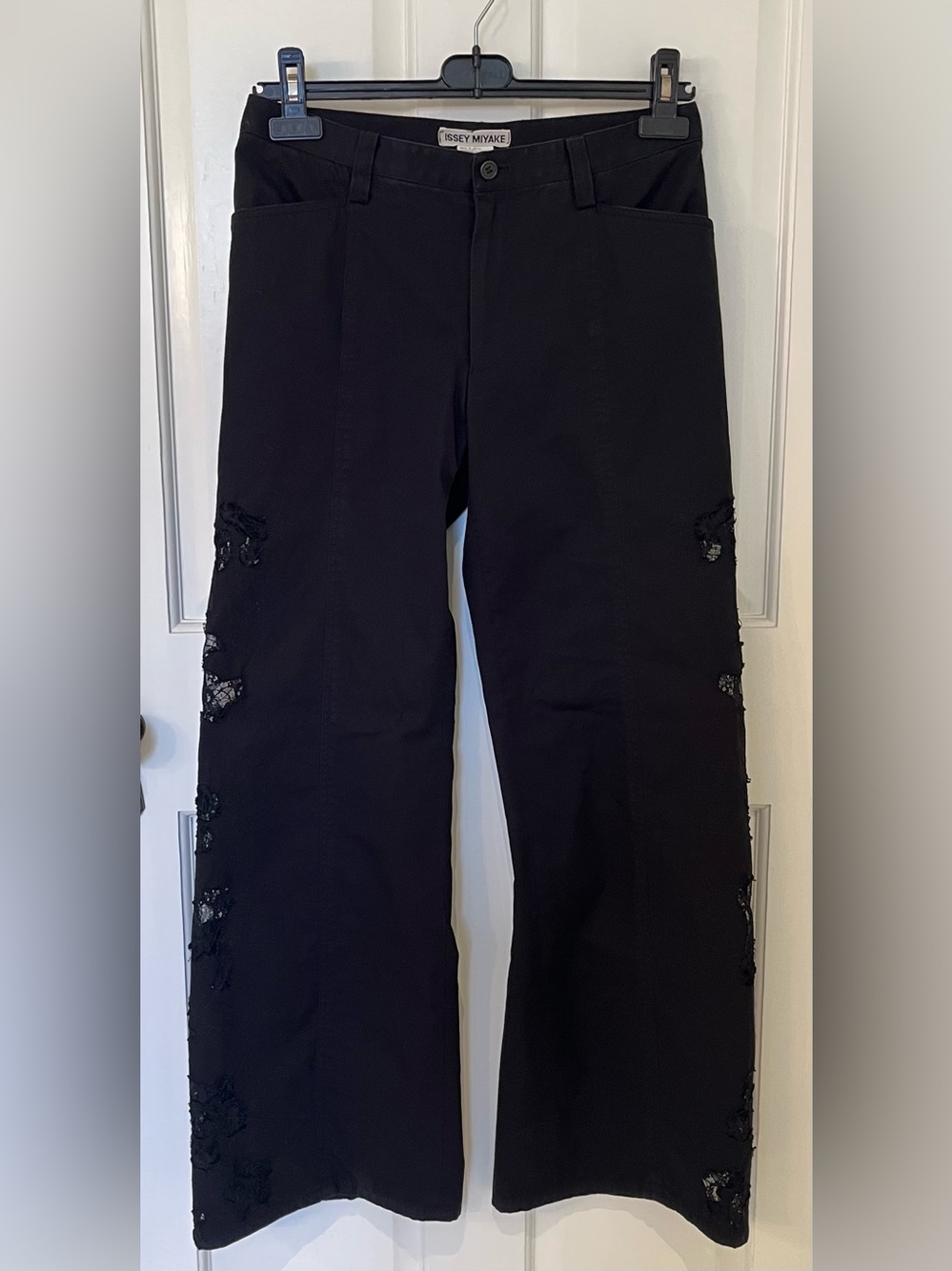 Rare! Issey Miyake black cotton wide leg pants with side lace detailing. Size 4